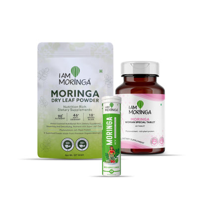 Moringa Leaf Powder 227 Gram + Moringa Effervescent Tablet  + Moringa Women Special 60 Tablet