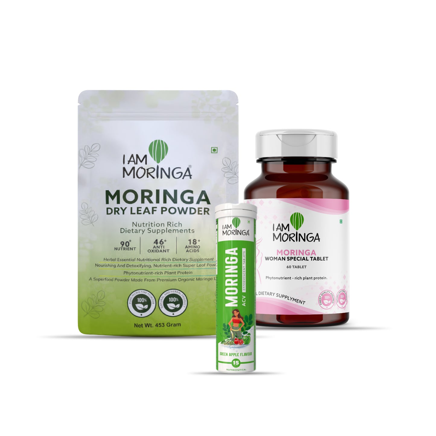 Moringa Leaf Powder 453 Gram + Moringa Effervescent Tablet  + Moringa Women Special 60 Tablet