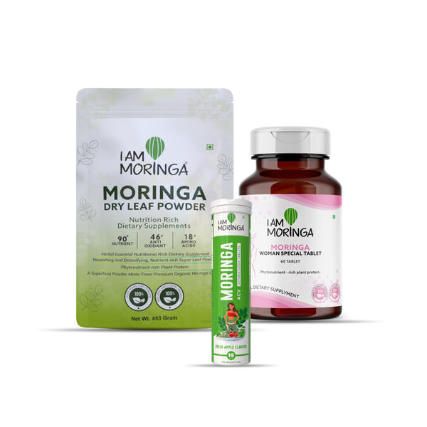 Moringa Leaf Powder 453 Gram + Moringa Effervescent Tablet  + Moringa Women Special 60 Tablet